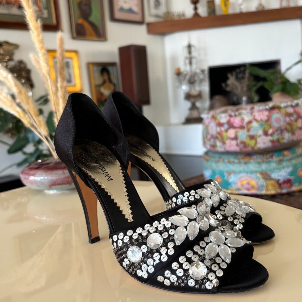 Emporio Armani Black Satin Crystal Embellished Peep-Toe Heels – Size 39